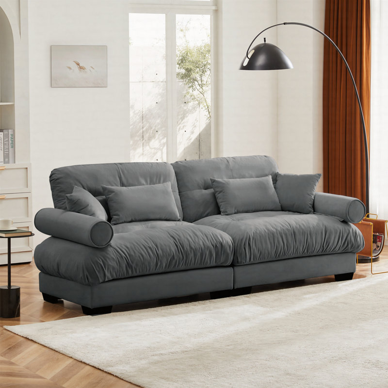 Modern Two-Seater Sofa With Bolstered Armrests, Velvet 2-Seater Sofa With Waist Pillows And Throw Pillows, Gray