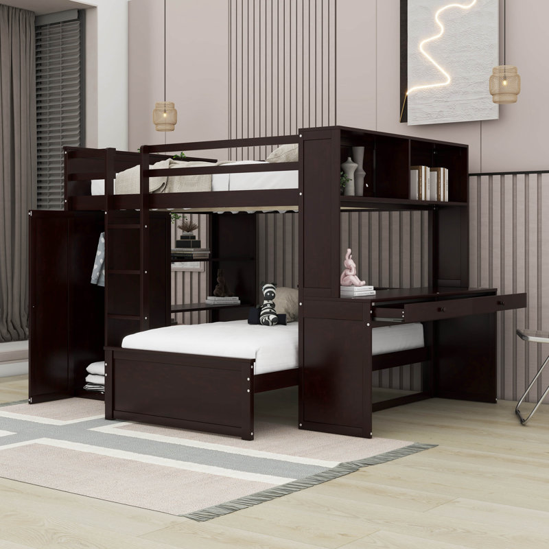 Lit mezzanine double au-dessus de simple Jemma Kids avec lit simple autoportant, tablettes, bureau, Espresso