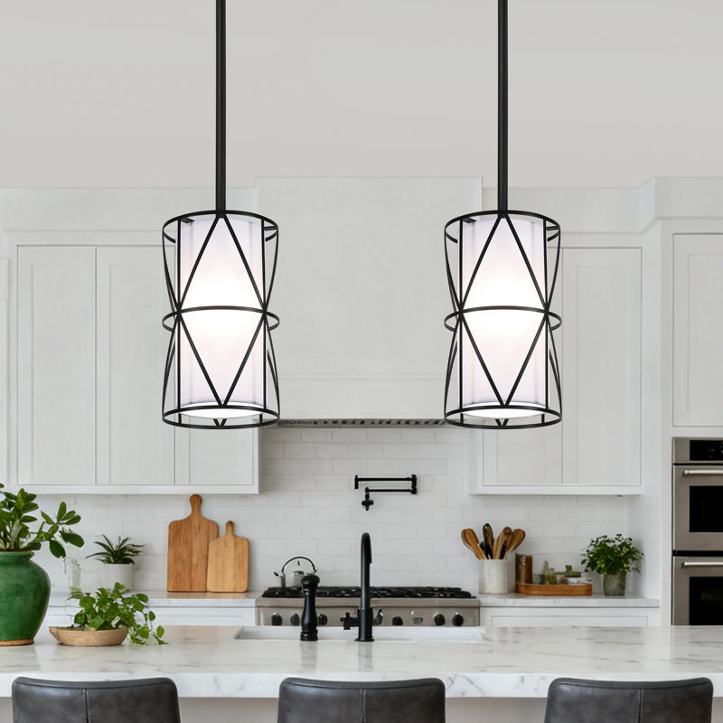 Luminaire suspendu cylindrique moderne à 1 lumière avec abat-jour en tissu blanc pour îlot de cuisine, Noir mat