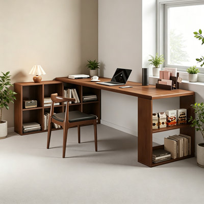 Bureau en bois de pin massif en forme de L brun noisette