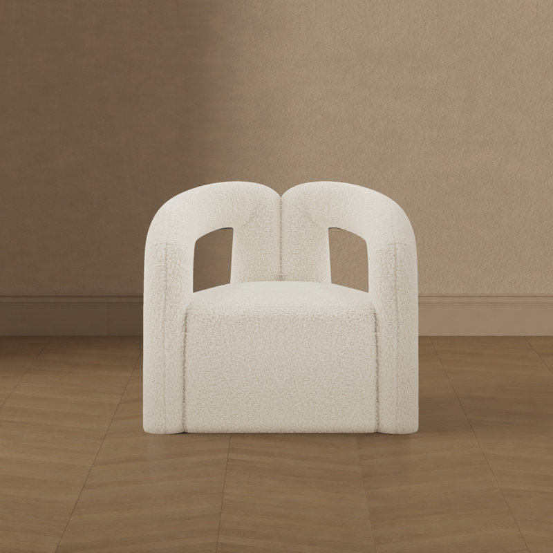 Fauteuil demi-tonneau blanc Darian, Crème Boucle