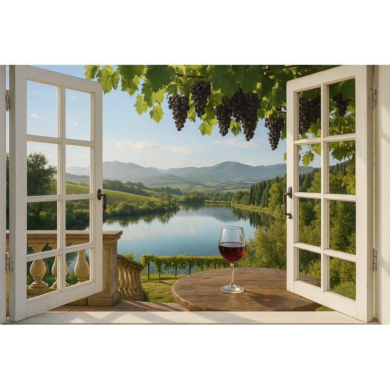 Wine Country View - Vignoble et lac avec verre de vin, H 32 po x l 48 po