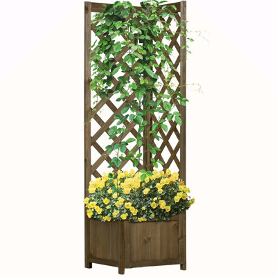 Outsunny Wooden Raised Garden Bed With Trellis, 57" Freestanding Corner Planter Box For Vine Plants Flowers Climbing And Planting Carbonized