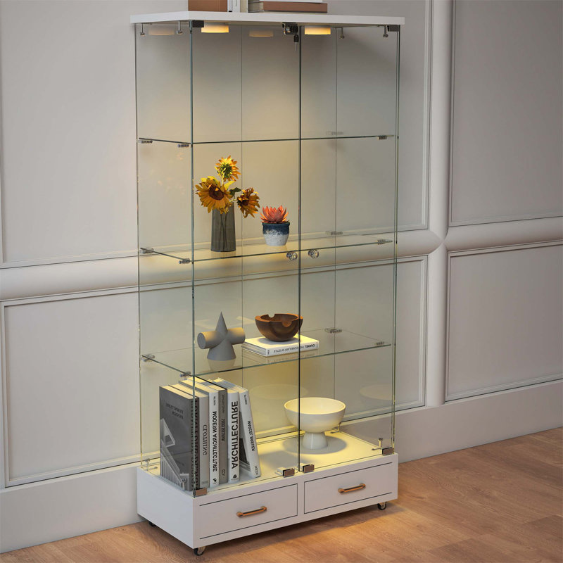 Modern Glass Display Cabinet With LED Lights, 2 Large Drawers, And 4 Shelves For Elegant Storage And Display, White