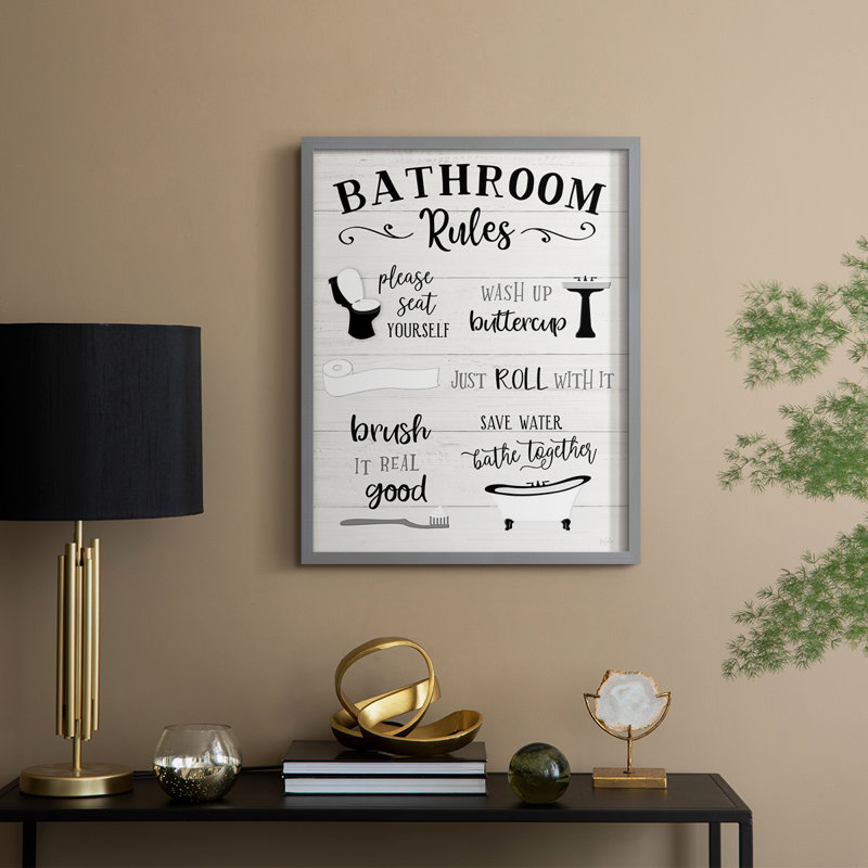 «Rules of the Bathroom», reproduction encadrée - bois massif, H 15 po x l 12 po, Gris