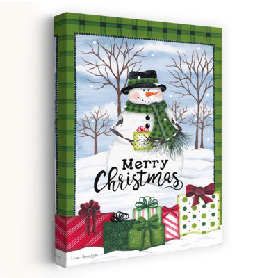 «Green Plaid Snowman», art contemporain contemporain de paysage d'hiver