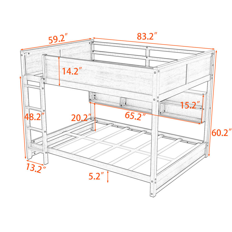 Grand lit superposé en bois avec échelle et tablettes de rangement, Brun