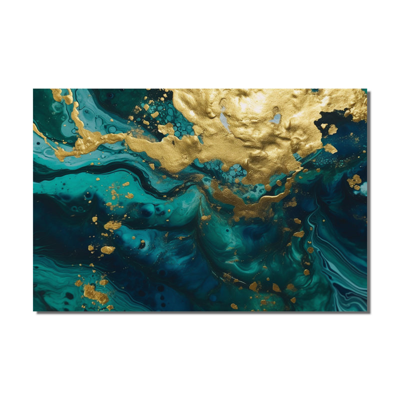 Grand art abstrait bleu sarcelle et or liquide I
