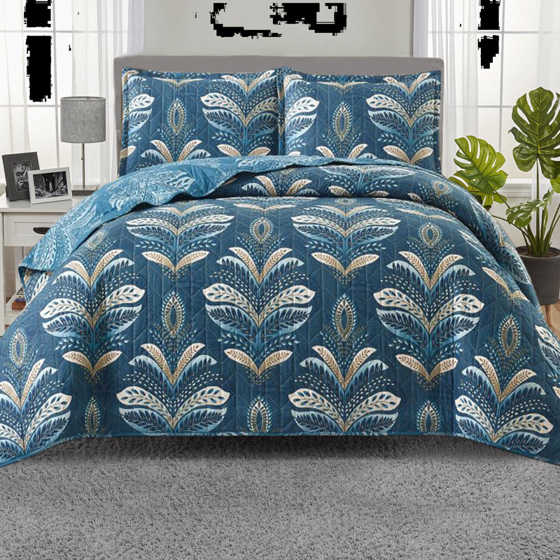 Amalyah Polyester Floral Bedspread with Pillowcases, Super King, Teal
