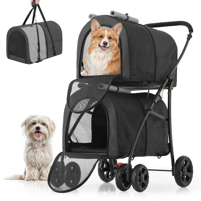 Black and Gray Double Pet Stroller with Steel Frame