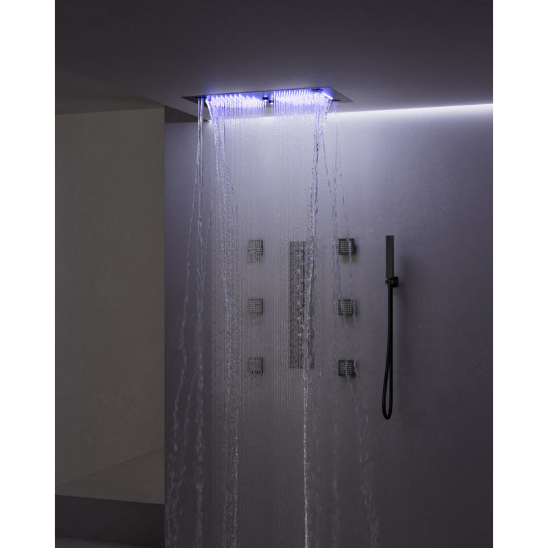 Système de douche thermostatique à DEL, pomme de douche à pluie haute pression avec jet corporel, Noir mat