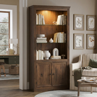 Étagère de présentation à 4 niveaux de 78,75 po de hauteur, avec lumière chaude au plafond à DEL, bibliothèques de ferme autoportantes avec rangement et portes, bibliothèque avec tablettes réglables en verre pour la maison et le bureau - Brun