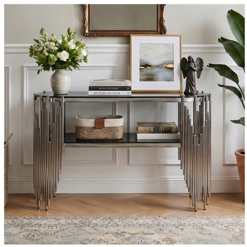 Console de luxe à 2 niveaux en verre avec structure en acier inoxydable, Black, Argent
