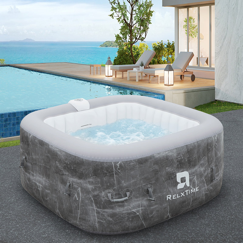 RELXTIME 2-4 Person Square Portable Hot Tub , Outdoor Inflatable Blow Up Spa Built In Heater Pump,with 120 Bubble Jets,filter Cartridges,hot Tub Cover