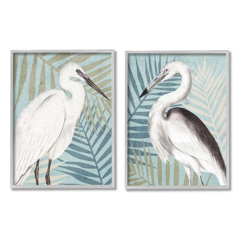 Heron Birds Layered Plant Leaves, H 30 po x l 24 po x P 1,5 po, Estampe numérique Farmhouse