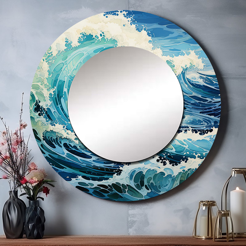 Coastal Waves Of Wonder VII - Waves Decorative Mirror, Coastal Wall Mirror, Printed Metal Art, 29" x 29", Round
