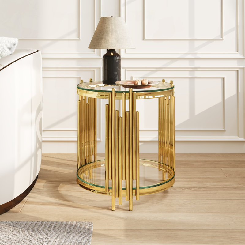 Table de bout ronde en verre à 2 niveaux avec cadre en verre transparent et or, H 21,26 po x l 19,7 po x P 19,7 po