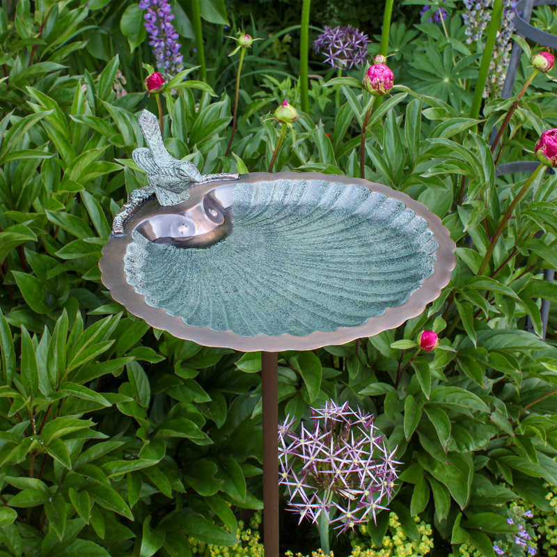 Antique Brass Scallop Shell Birdbath with Stake