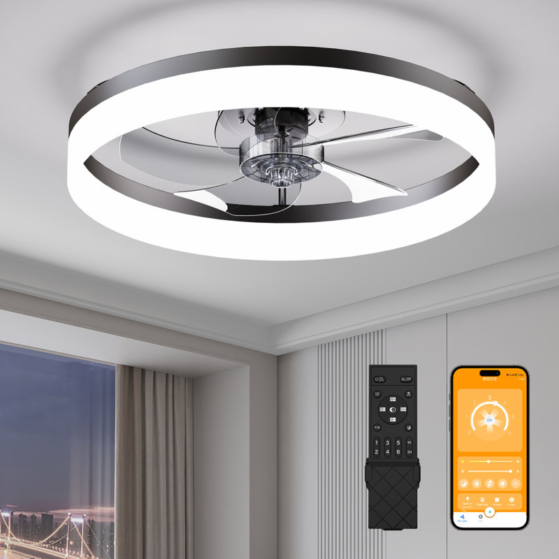 Ventilateur de plafond encastré moderne sans lame 20 "avec lumière DEL à intensité variable et télécommande APP, ventilateur de plafond noir à profil bas 3CCT