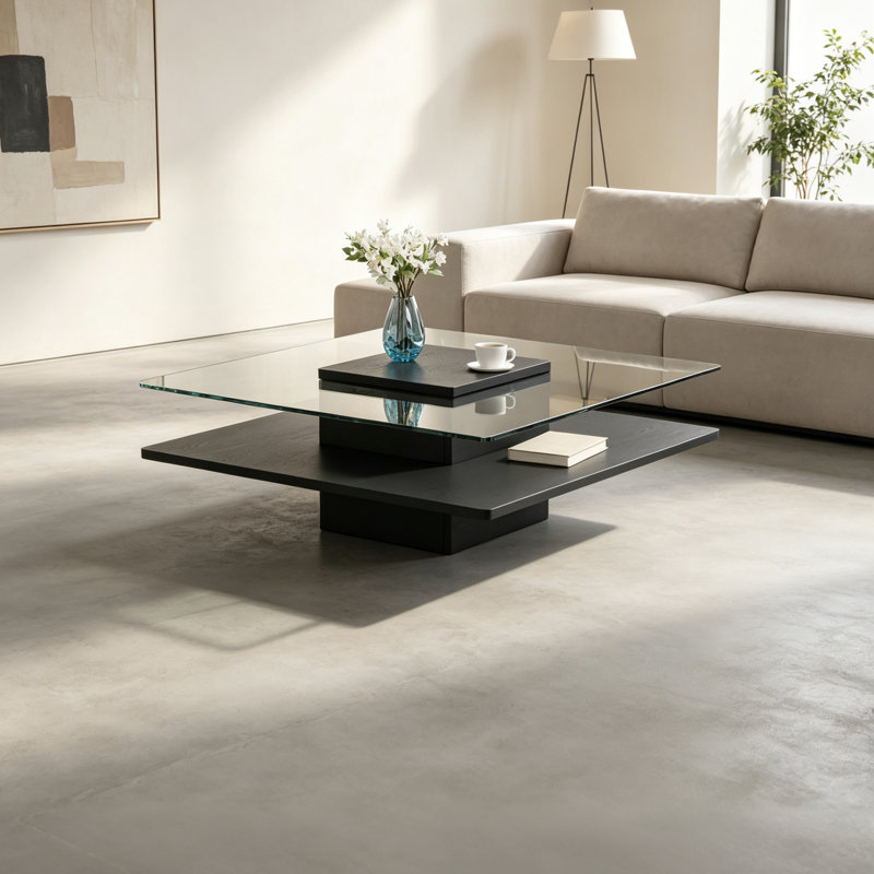 Table basse 31,5 "moderne carrée avec plateau en verre trempé transparent et base de rangement ouverte, Black