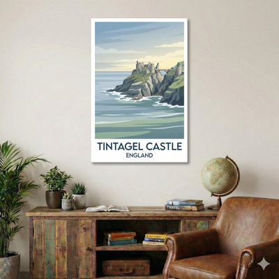 Tintagel Castle, England - Romantic Coastal Ruins Travel Poster. Giclée Print on Wrapped Canvas. Wall Art, Home Decor - Castles & Palaces, England 1 Piece Wrapped Canvas Wall Art