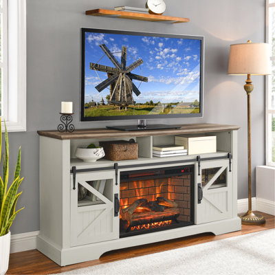Meuble télé électrique pour foyer 60 po - blanc jasmin. Chaleur 1500W, 4 options de luminosité de la flamme, double protection, effet télé réaliste de l'armoire télé à distance de 60 po, multi-surchauffe 5000 / H