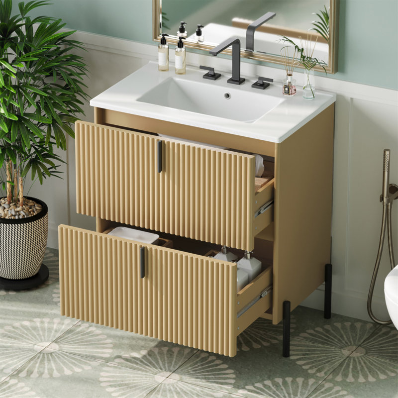 Meuble-lavabo autoportant de 30 po avec lavabo en céramique muni de poignées verticales et de tiroirs pleine extension