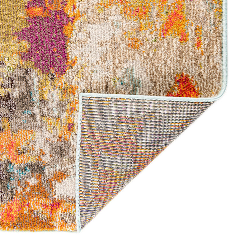 Tapis abstrait bleu / gris / orange Octagon, Octogone 5 pi 3 po x 5 pi 3 po
