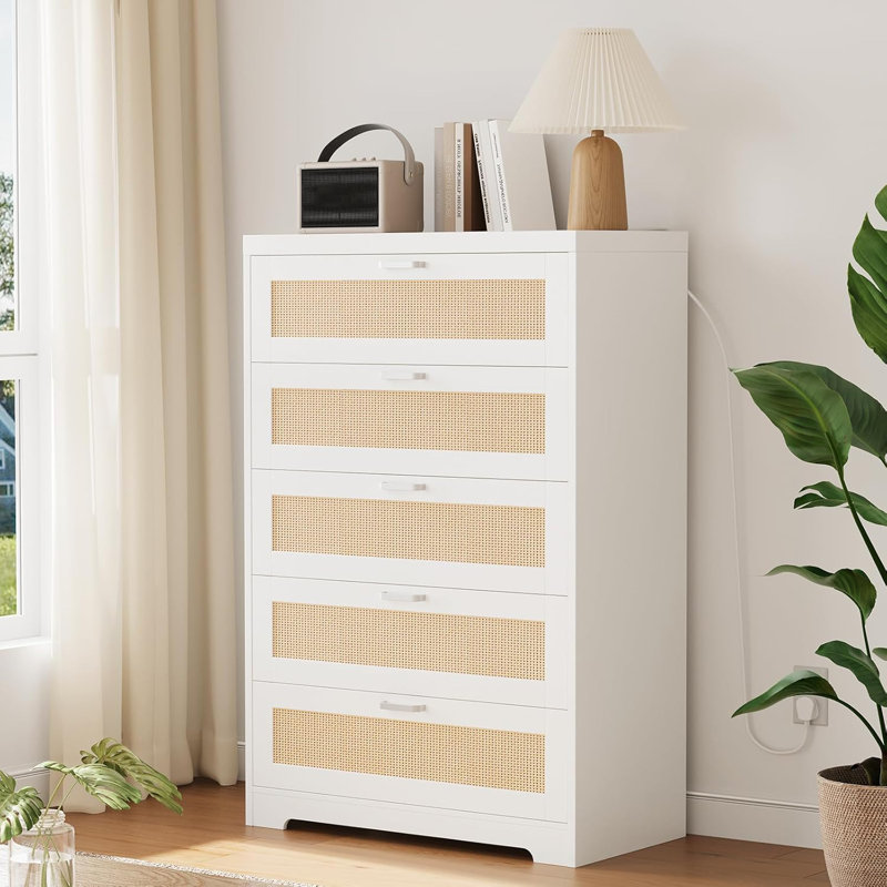 Tall Rattan Dresser With 5 Drawers, Wooden Spacious Storage Chest Of Drawers With Wide Top, Handles, White
