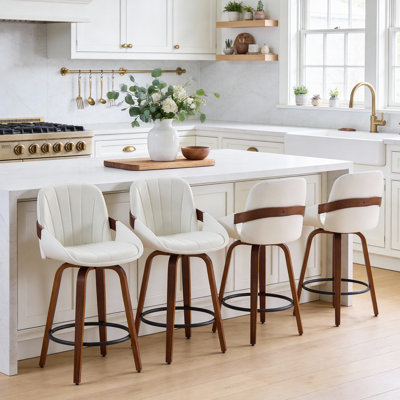 Swivel Bar Stools Set Of 4, 26" Counter Height Barstools With Curved Back, Faux Leather Upholstered Mid-Century Modern Bar Chairs For Kitchen Island, White