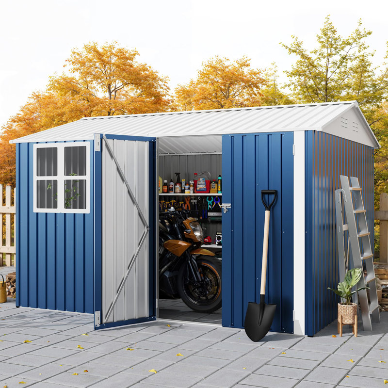 10x8 FT Outdoor Storage Shed, 450 Cu Ft Weather Resistant Metal Garden Shed with Gable Roof & Window, Lockable for Bikes Lawn Mowers Patio