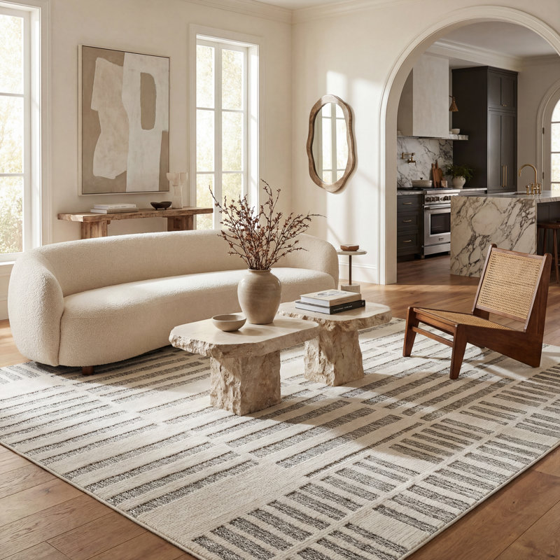 Tapis d'intérieur rayé crème / beige 6 pi x 9 pi (5 pi 11 po x 9 pi 0 po) Branch Branch Linea, tapis contemporain, à poils courts et résistant aux taches
