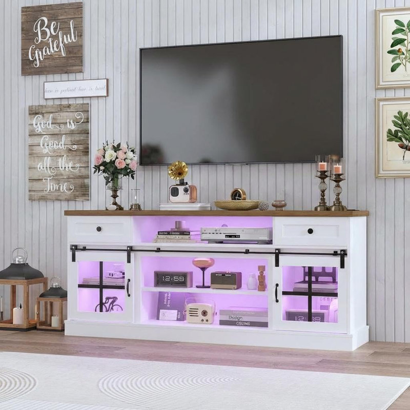 Meuble télé 66 po pour téléviseur de 75 po ou moins, centre de divertissement avec portes de grange, tablettes réglables, tiroirs et prises de courant