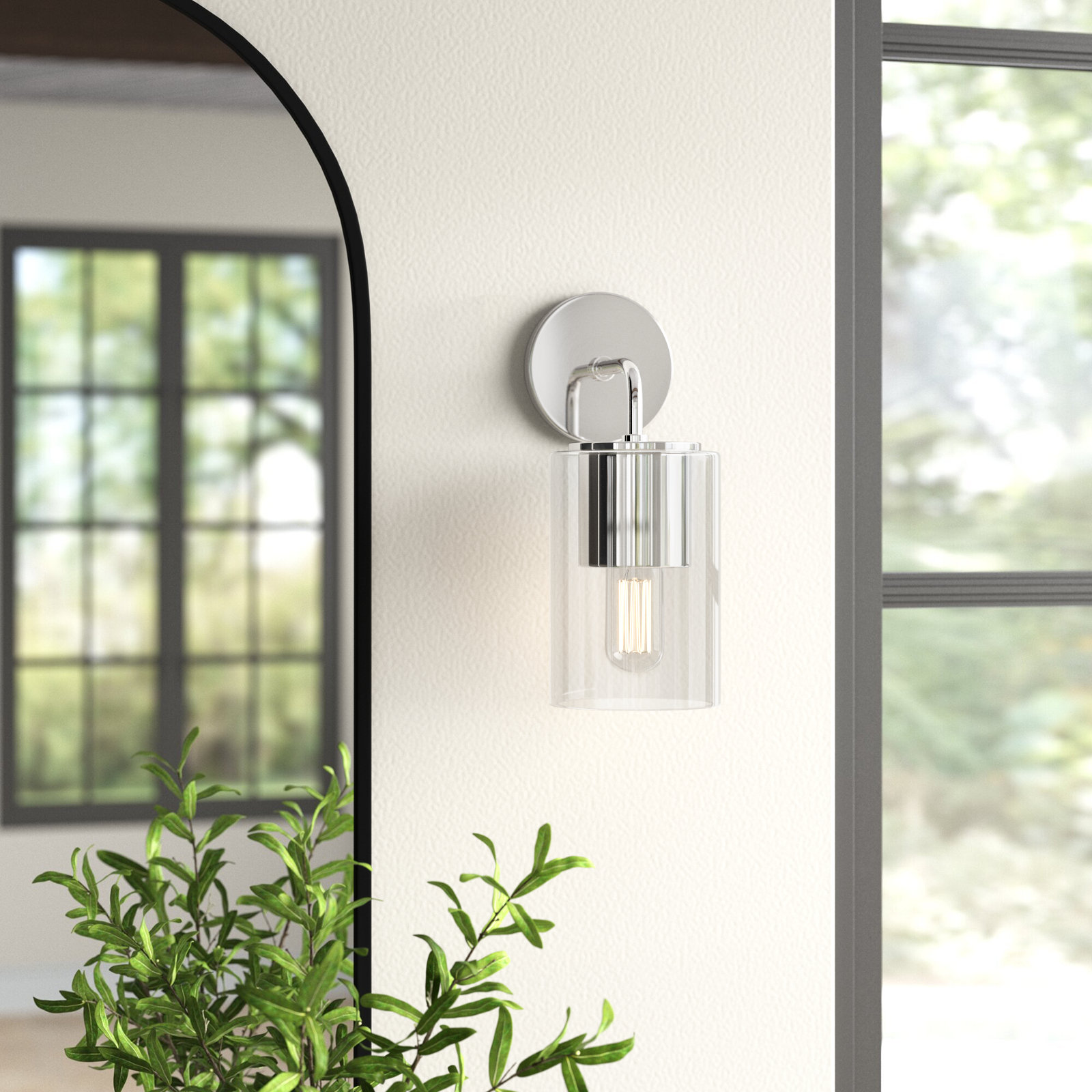 Kassia Single Light Glass Dimmable Armed Sconce, Polished Nickel