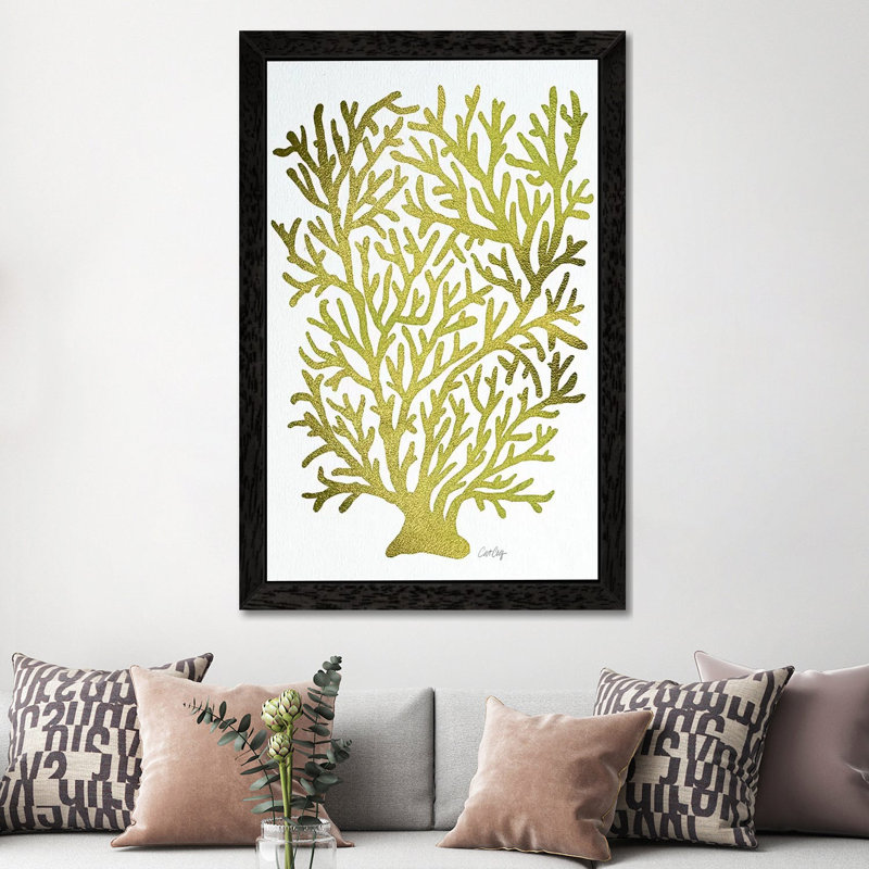 Gold Coral by Cat Coquillette - Floater Frame Painting on Canvas, 101.6 cm H x 66.04 cm W, Black