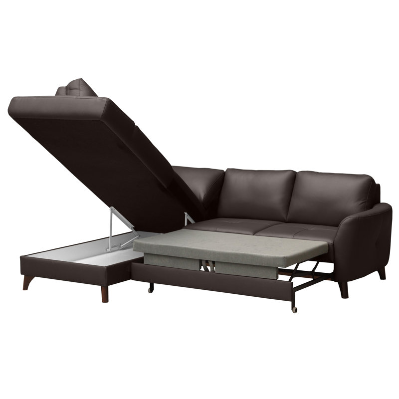 Migues Leather Corner Sofa with Sleeping Function and Storage, Brown, Left Hand Facing