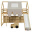 Lit simple mezzanine en bois avec structure en forme de maison avec tente, naturel et beige