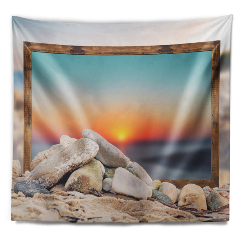 Tapisserie de plage à effet encadré flou mer, H 32 po x l 39 po