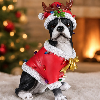 Statue de Noël Boston Terrier, figurine de chien des Fêtes en tenue de père Noël pour la décoration intérieure
