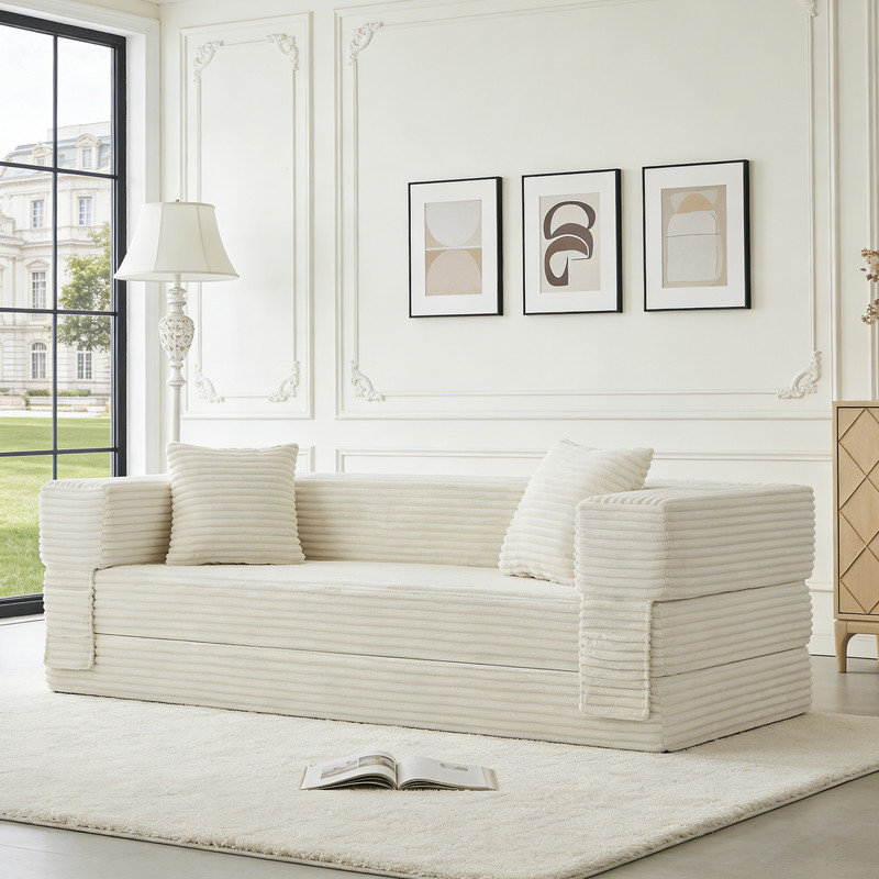 Modern Corduroy Boneless Convertible Sofa Bed, Classic Square Design With Two-Tier Cushion, Space-Saving Sleeper For Apartments & Large Spaces