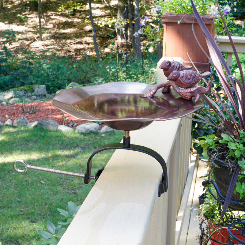 Antique Copper Birdbath with Sculpted Songbirds and Railing Bracket