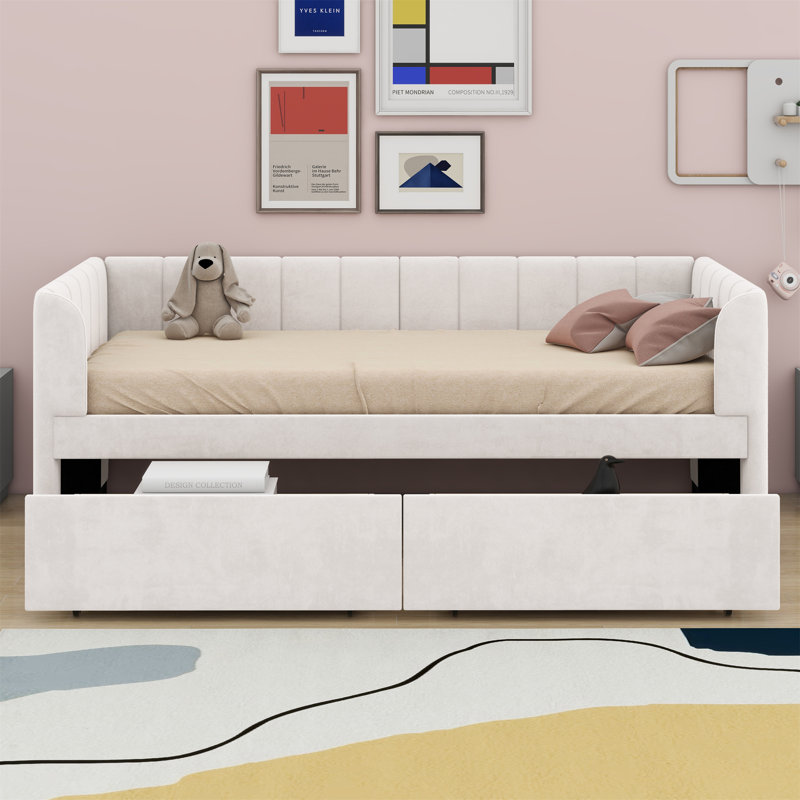 Lit de jour rembourré avec dossier et tiroirs de conception ergonomique, Beige