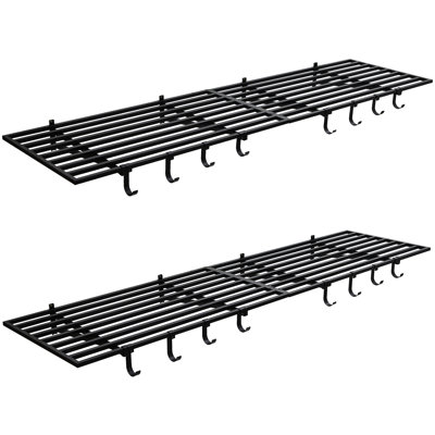 Lot de 2 étagères murales robustes en métal de 2 x 4 pieds – Étagère de rangement murale pour garage avec 8 crochets, étagère d'exposition flottante noire, supporte jusqu'à 800 lb, idéale pour la buanderie et le bureau.