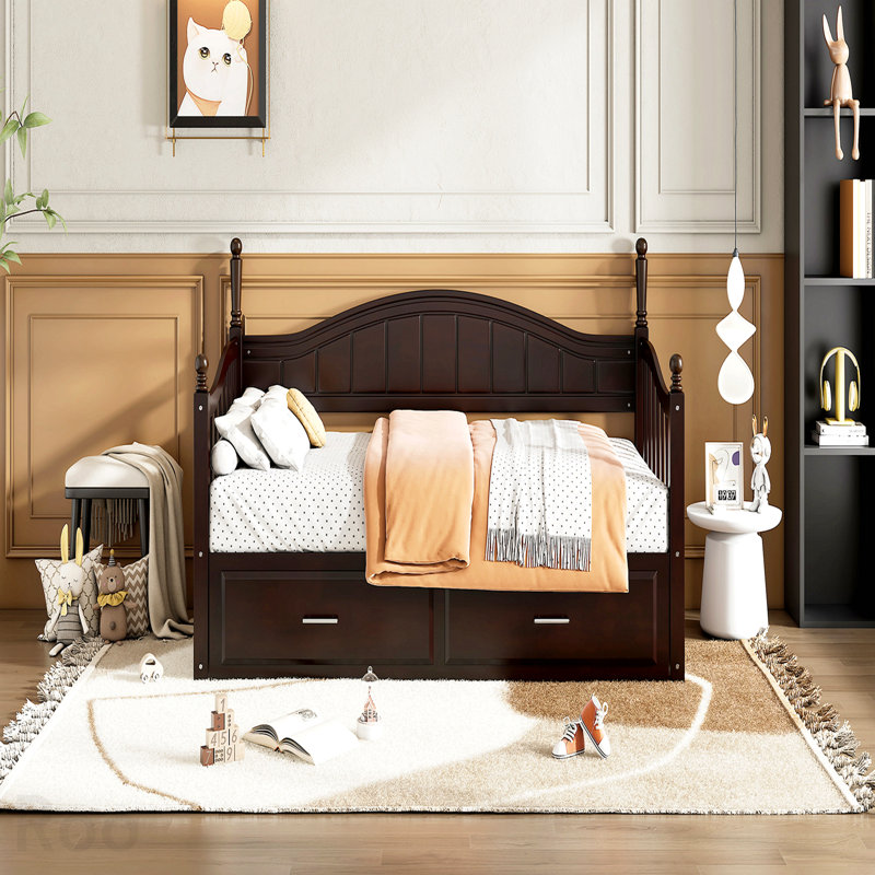 Lit de jour simple en bois avec lit gigogne simple, lit de jour extensible avec deux tiroirs de rangement, espresso (heure d’arrivée prévue: 9,12)
