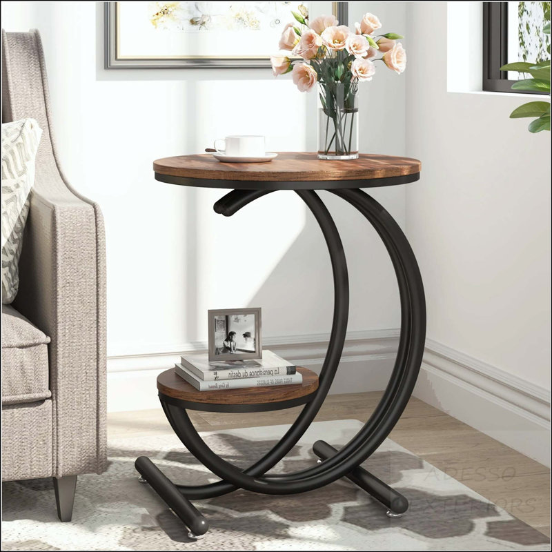 Table d'appoint ronde à 2 niveaux avec cadre en forme de C doré