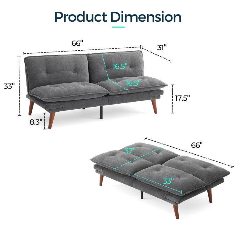 Canapé-lit futon convertible capitonné 66 po Serta, Chenille gris moelleux