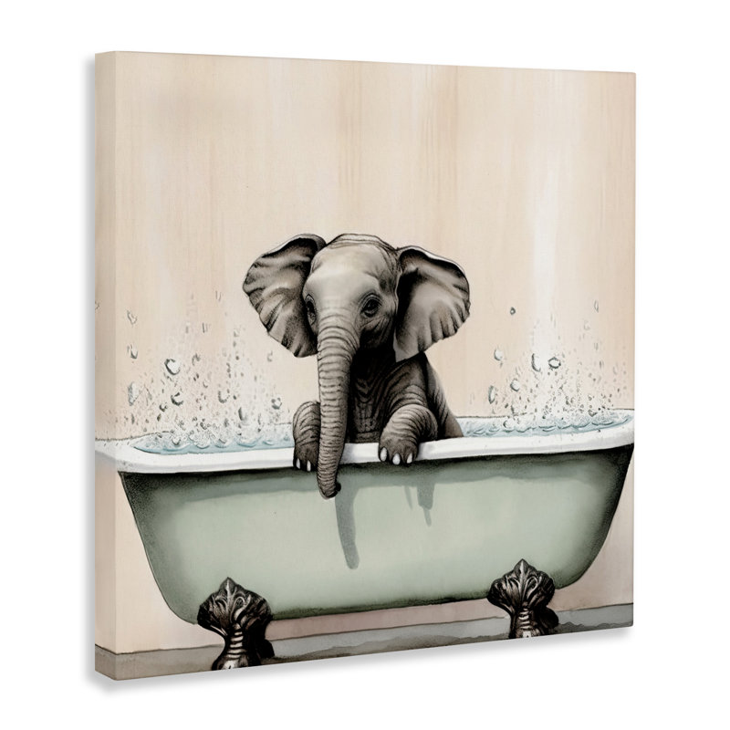 Baby Elephant Bathtime Canvas, design by Sasha, 17" H x 17" W