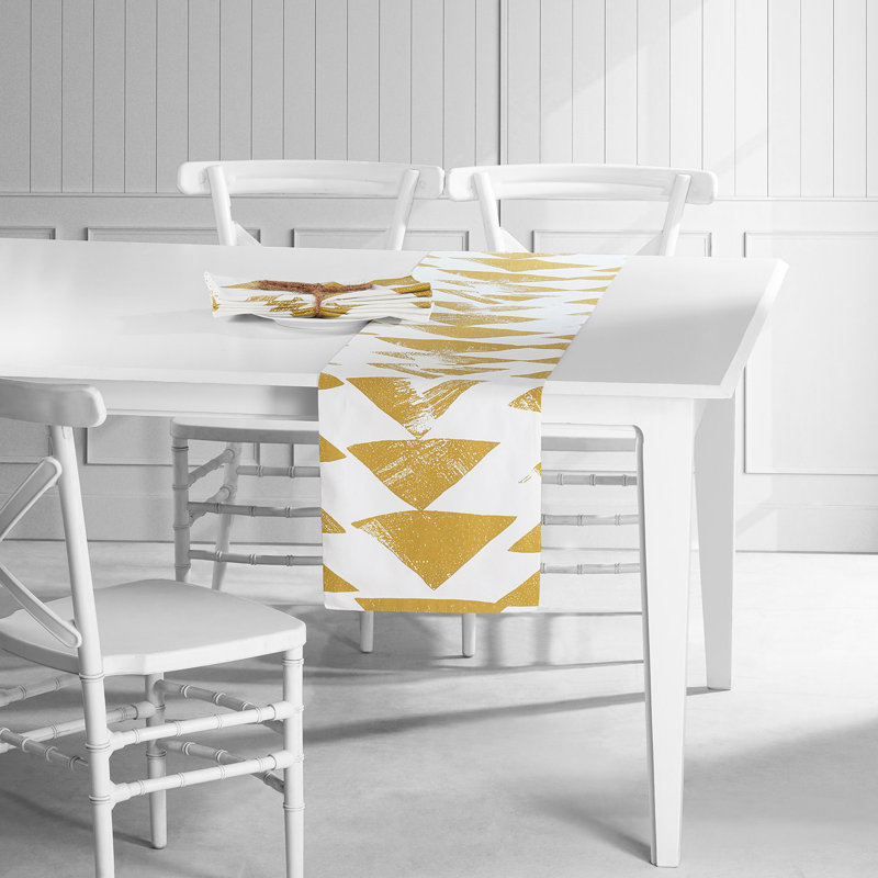 Lanfrank 7 Piece Printed Cotton Table Runner and Placemats for Dining Room Set, Triad Gold
