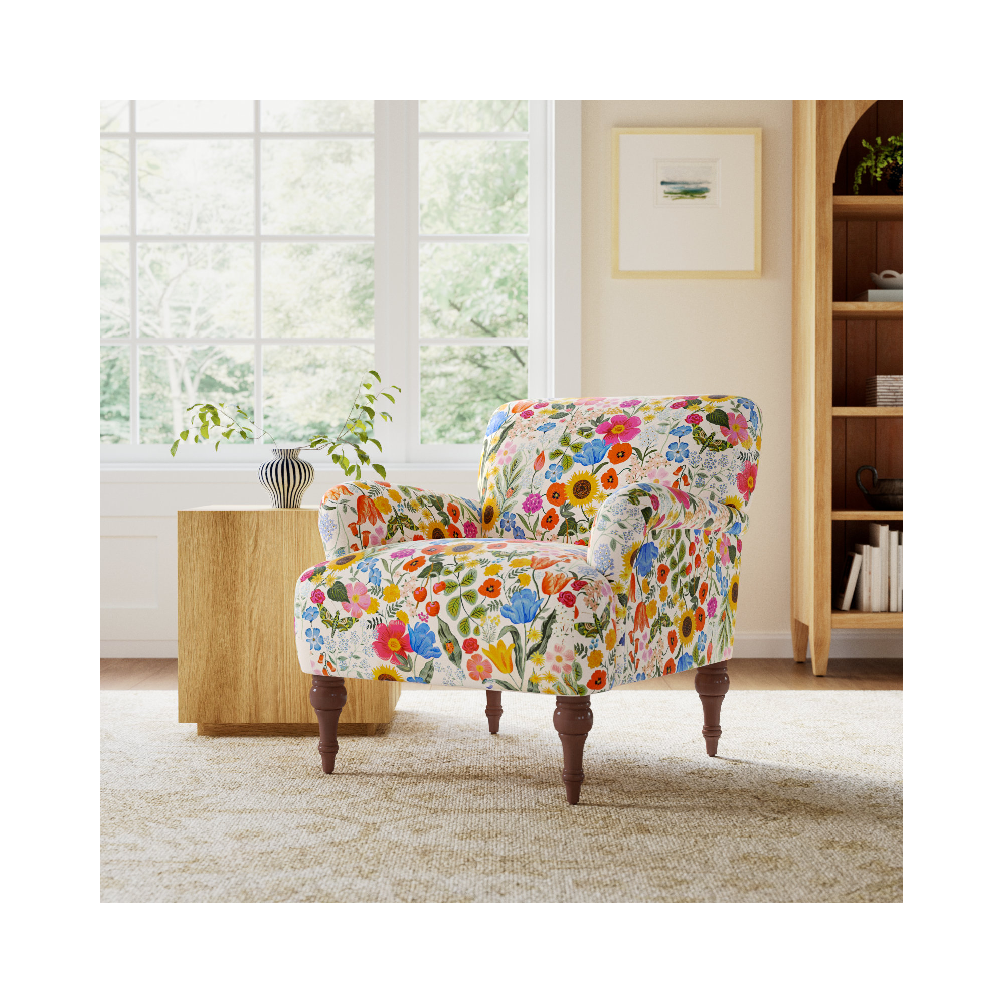 Rifle Paper Co. x Cloth & Company Bristol Armchair, Black Strawberry Fields Linen Blend, Espresso