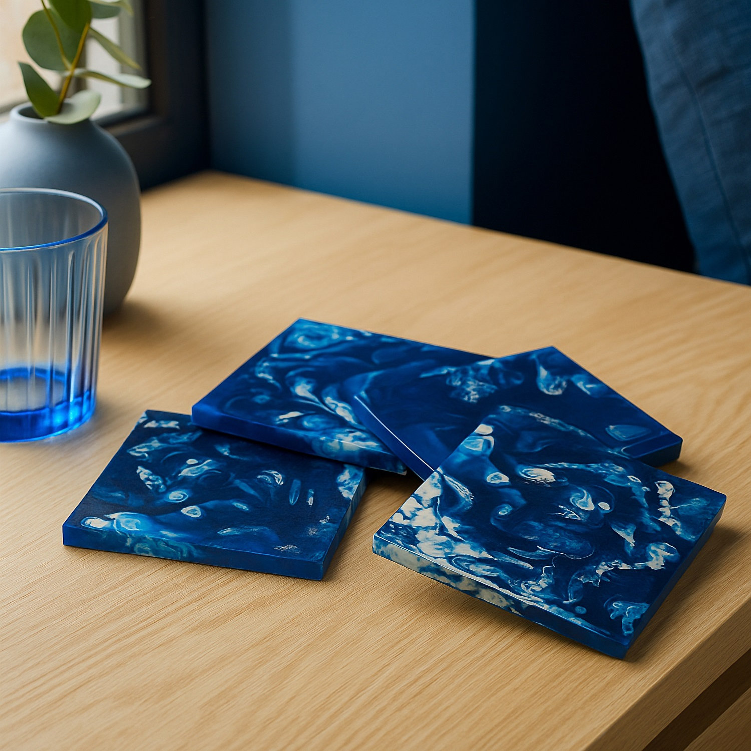 Square Resin Coaster Set, Blue